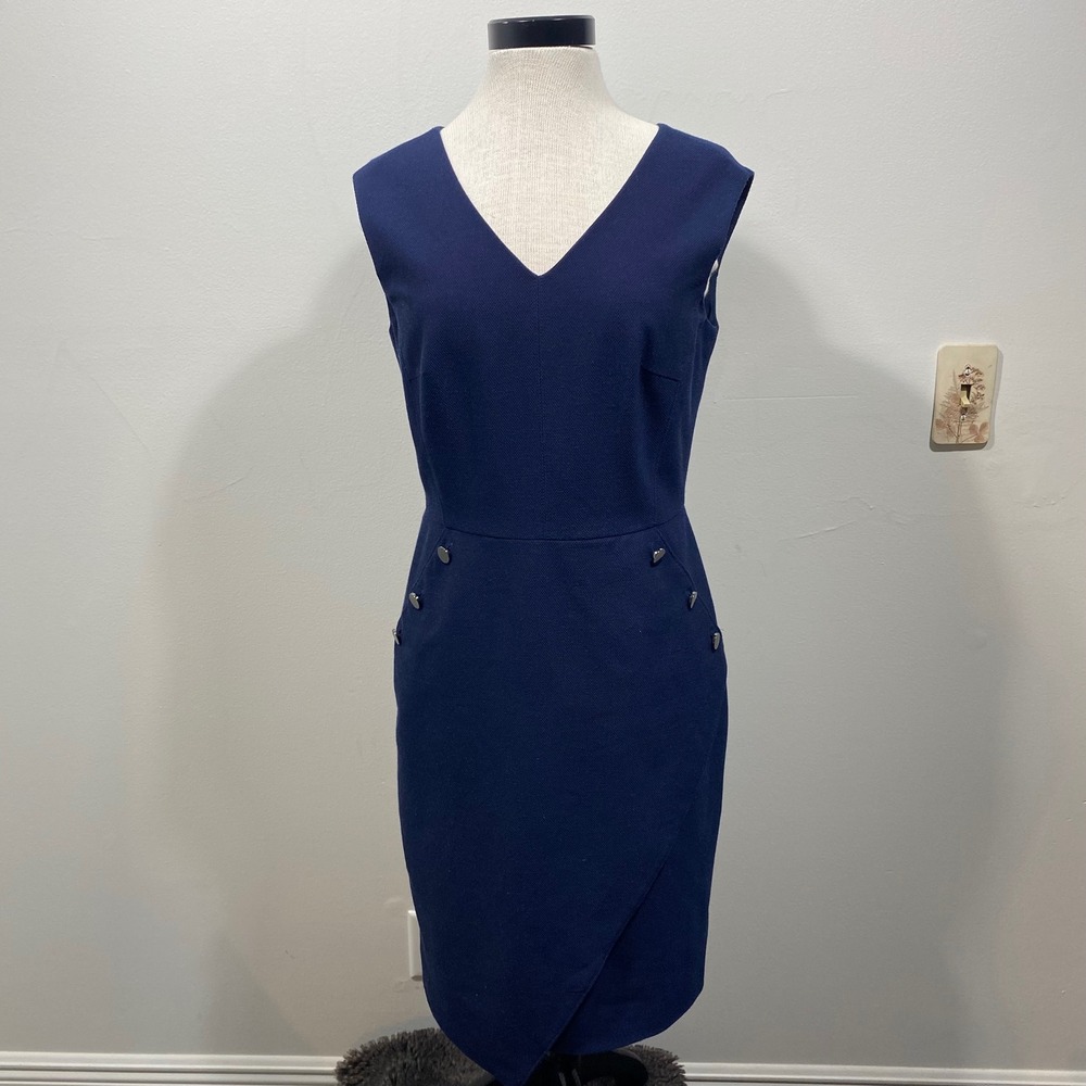 Antonio Melani Navy Blue V-Neck Faux Wrap Sheath Dress‎ Button Accents Size 8